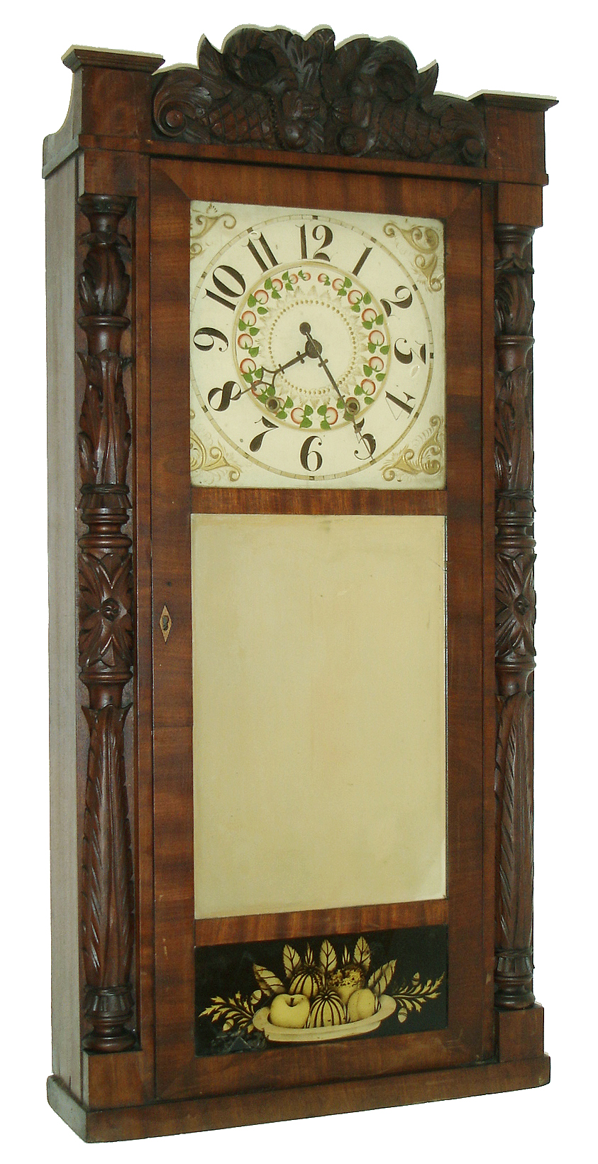 Jeromes & Darrow, Bristol, Conn., 8 days, time and strike, weight wood movement carved column & splat shelf clock, c1835 — Antique Clocks Price Guide