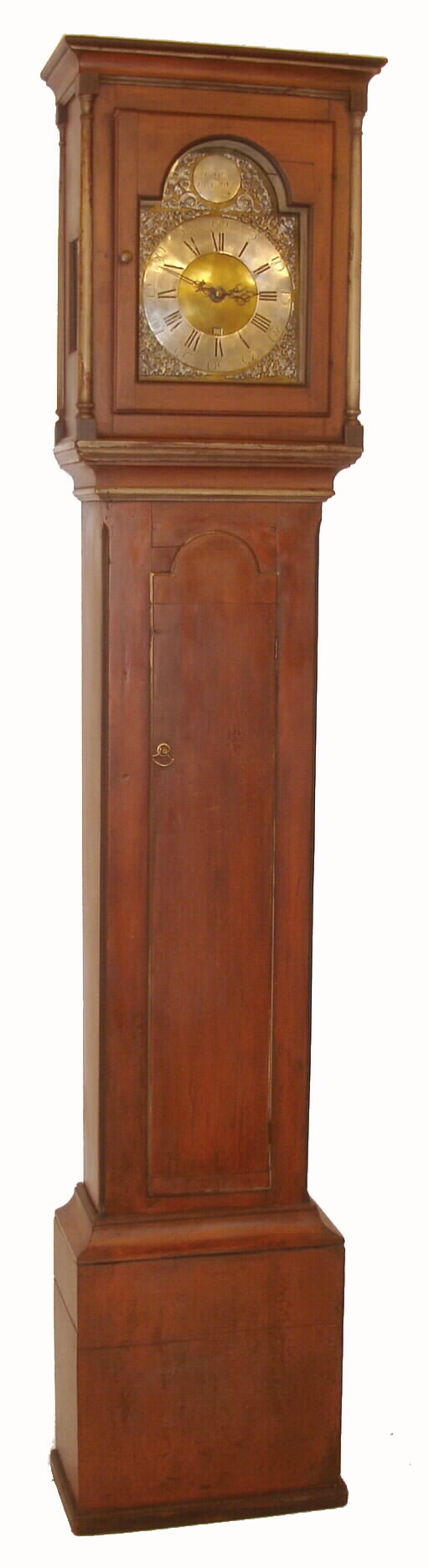 Isaac Blasdel, brass & pewter arched dial New Hampshire tall clock, 30 hours, rope drive, in a flat top painted case with old /original finish. See Blaisdell, accepted spelling, From the Doug Shaffer collection. Clock dated 1773. — Antique Clocks Price Guide