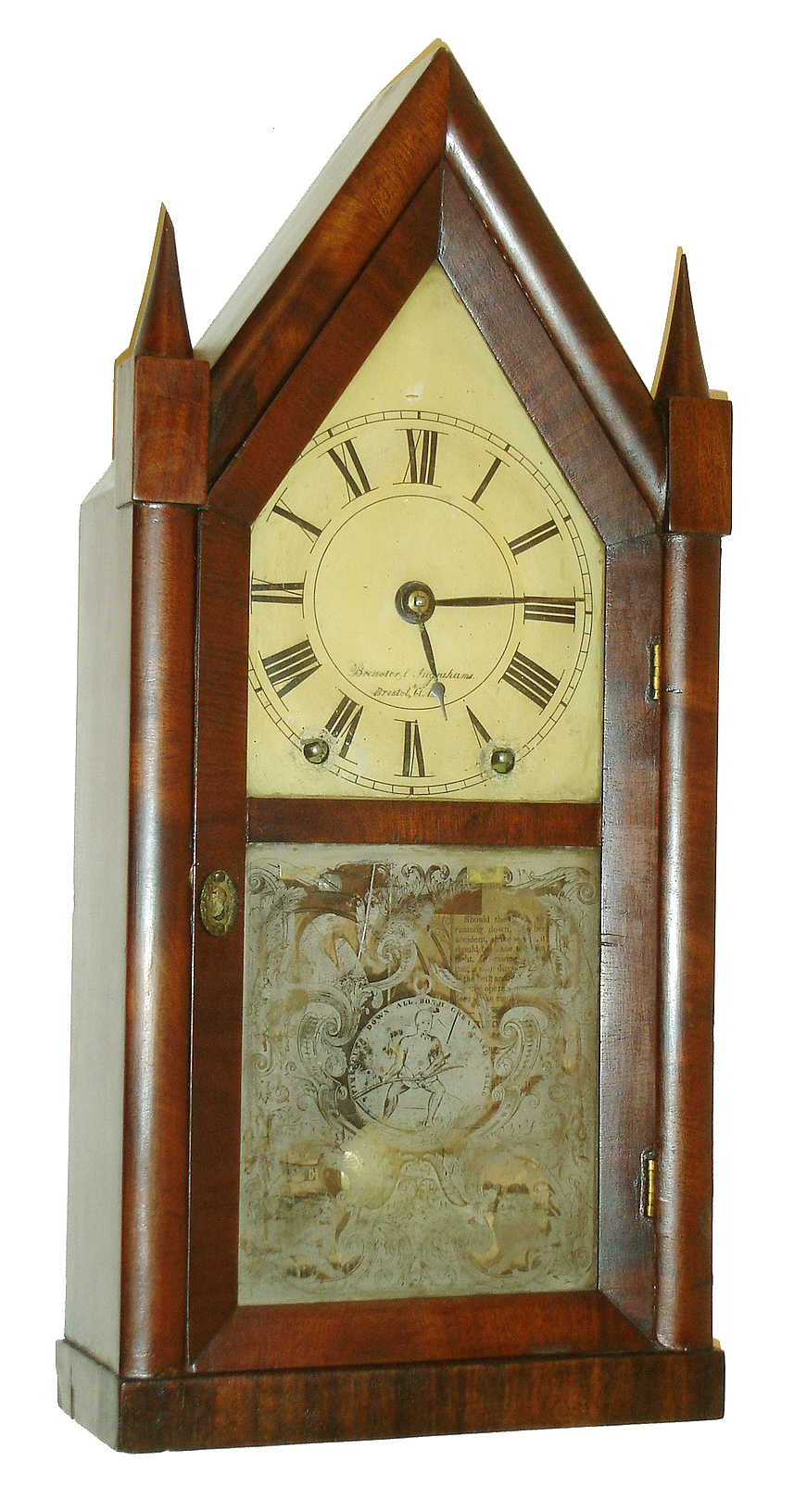 Brewster and Ingrahams, Bristol, Conn., 30 hours, time and strike, 3/4 size, sharp gothic or steeple clock, c1845. The movement has an early center count wheel. — Antique Clocks Price Guide