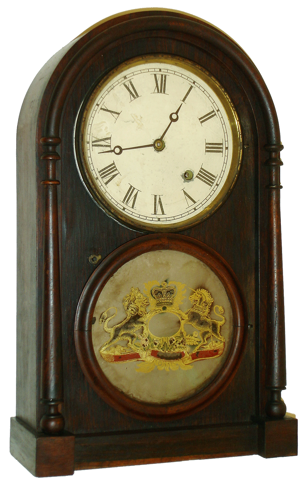 Noah Pomeroy (attributed to), Bristol, Conn., 8 days, fusee, time only, rosewood veneered case, c1865.  This clock was pictured in "A Survey History of the American Spring Driven Clock 1840-1860", a supplement to the NAWCC Bulletin, No. 9, Winter 1973, p45. — Antique Clocks Price Guide