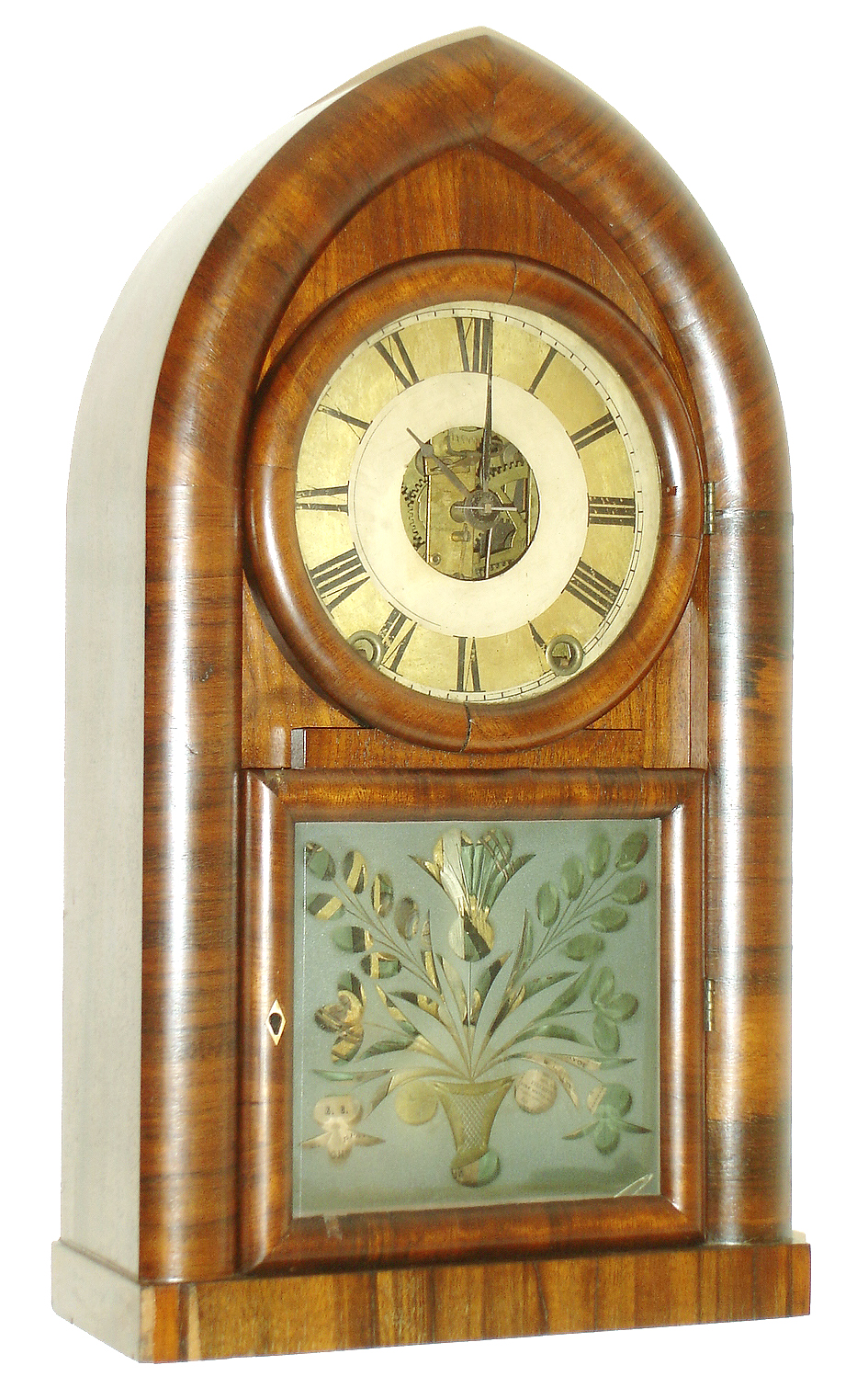 E. C. Brewster & Co., Bristol, Conn., 8 days, time and strike, Kirk's patent iron back plate movement round gothic or beehive shelf clock, c1842. A similar example can be found in "A Survey History of the American Spring-driven Clock 1840-1860", from Supplement No. 9, winter 1973, pg 16. — Antique Clocks Price Guide