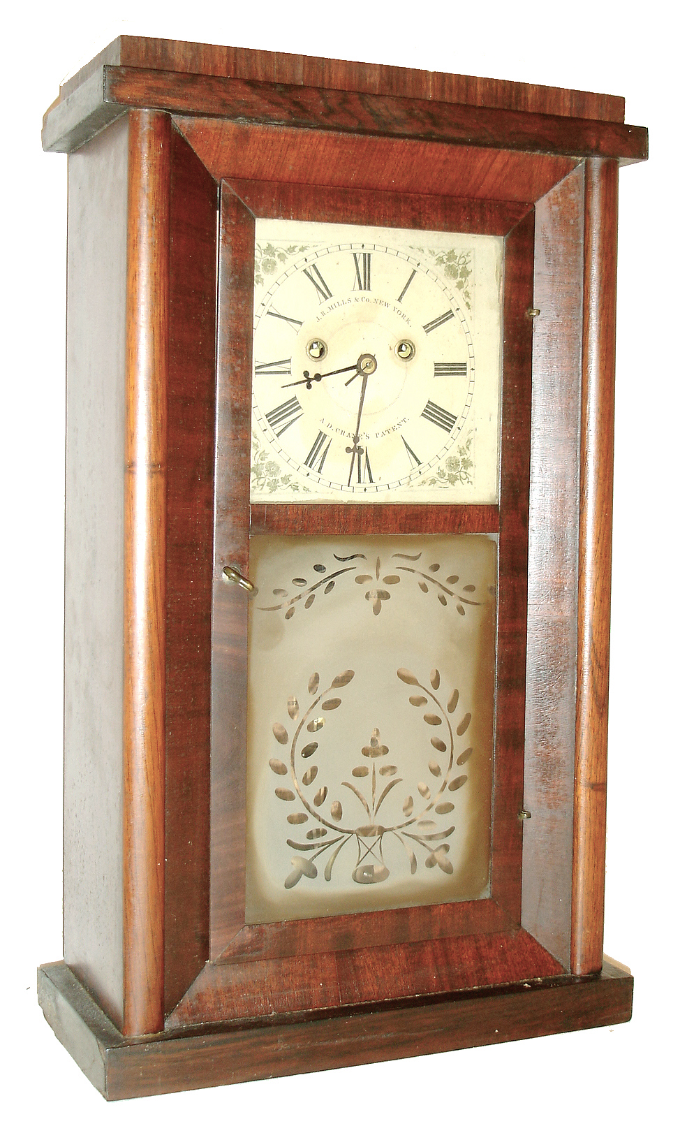 J. R. Mills & Co., New York, "Year Clock Co"., two weight, 8 days, shelf clock, torsion suspension and 3-ball pendulum, in a walnut case, c1850 — Antique Clocks Price Guide