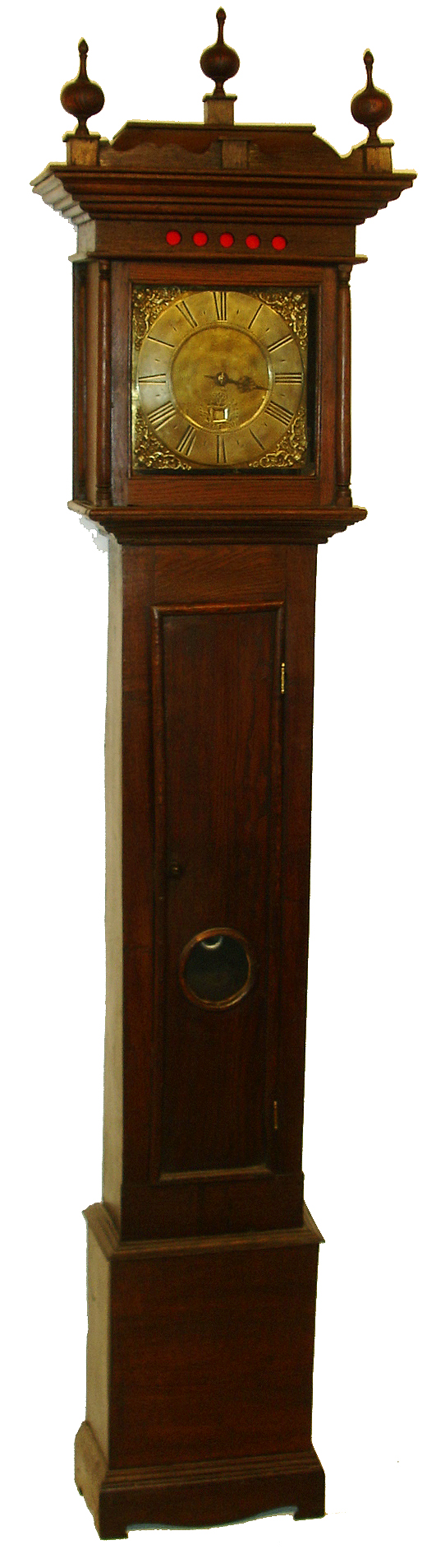 Gabriel Smith, Barthomley, England, 30 hours, time, calendar and bell strike, single weight driven movement with anchor escapement in dark English oak case with 4" glass porthole in trunk door. The square brass dial has a single hand, calendar aperture at 6 signed silvered chapter ring, c1720 — Antique Clocks Price Guide