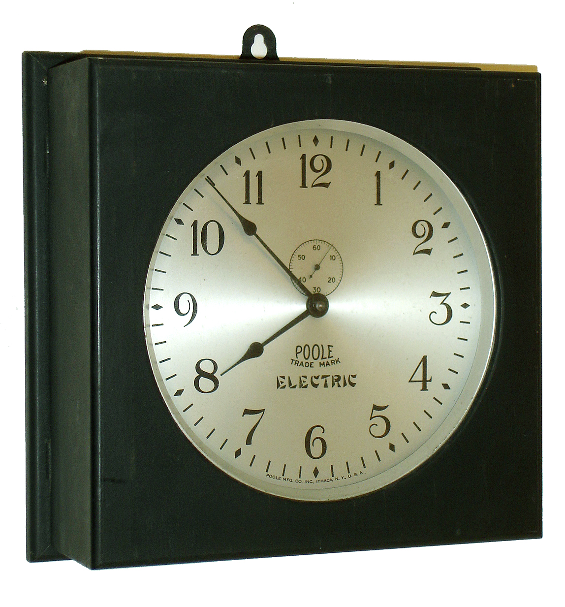 Poole Mfg. Co., Ithaca, New York, square cased, black painted, dc powered, office clock, c1925 — Antique Clocks Price Guide