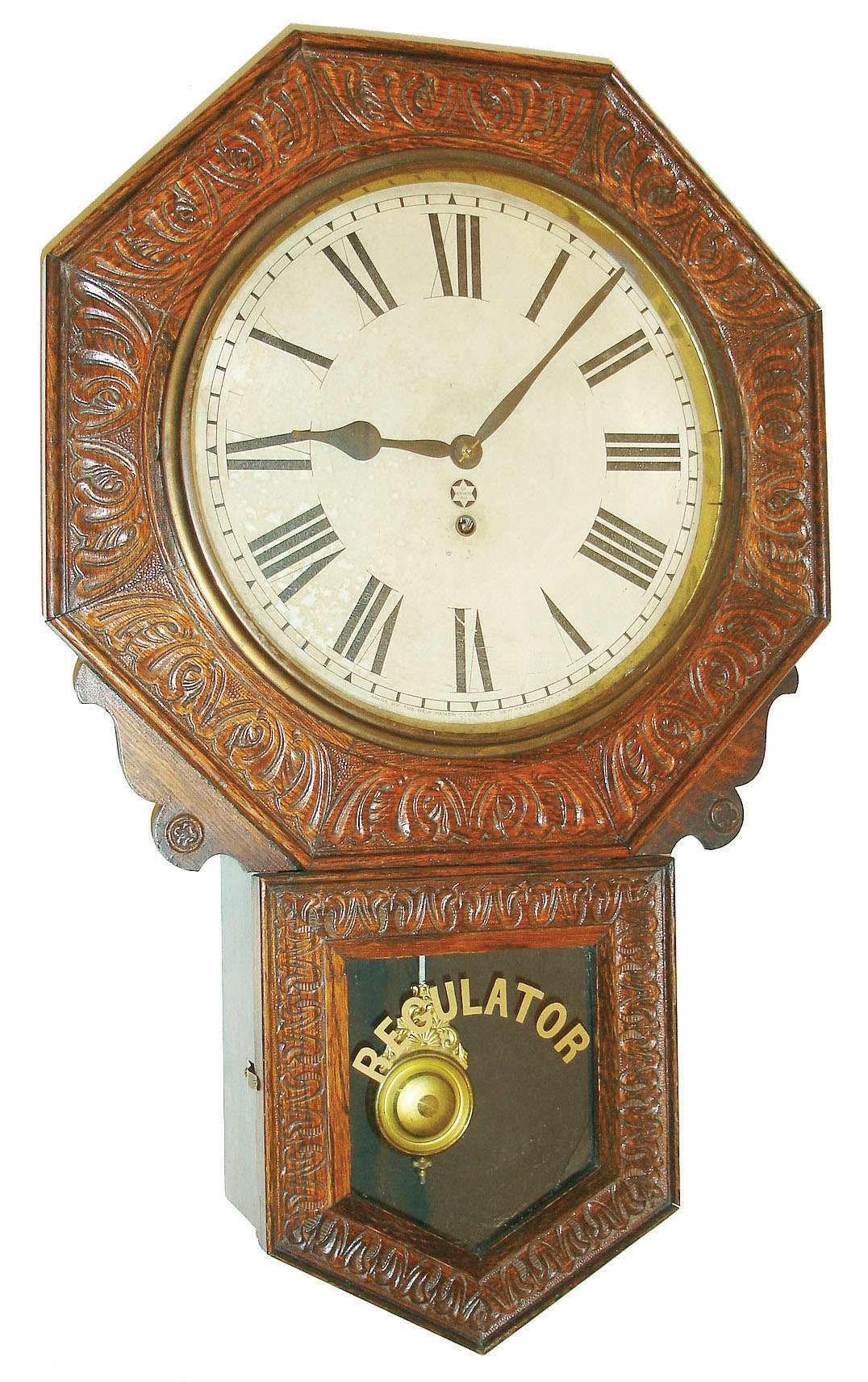 New Haven Clock Co., New Haven, Conn., "Branford", 8 days, spring brass movement schoolhouse wall clock or timepiece, c1911 — Antique Clocks Price Guide