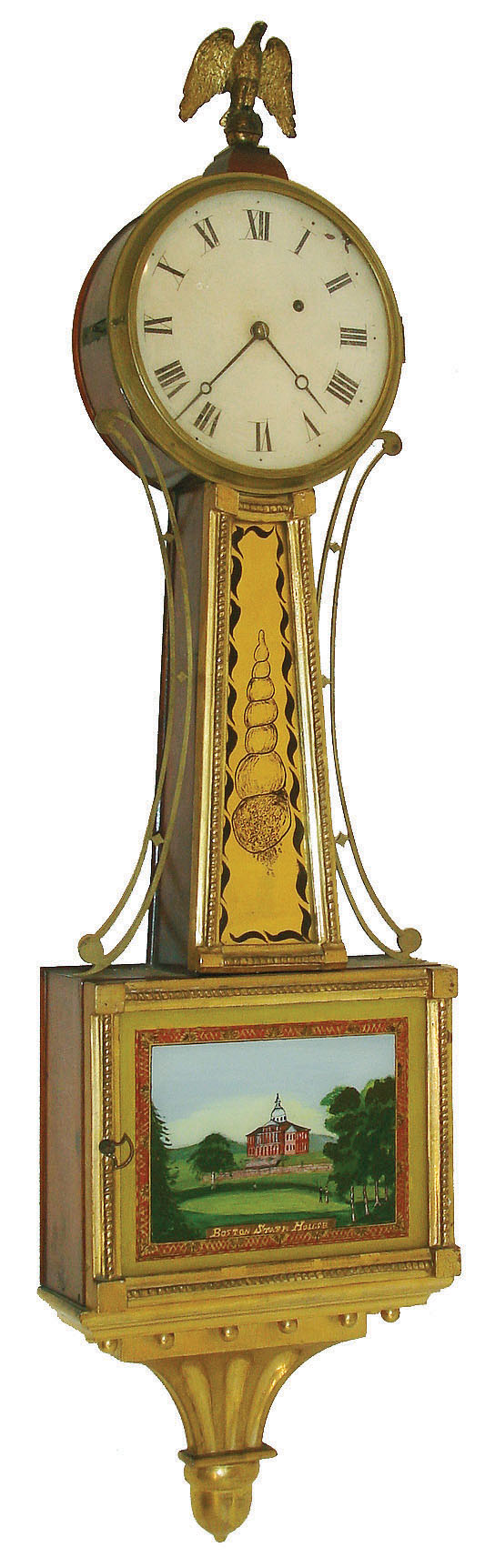 Unknown, probably Massachusetts, 8 days, weight brass movement gilt patent or banjo clock or timepiece, c1820 — Antique Clocks Price Guide