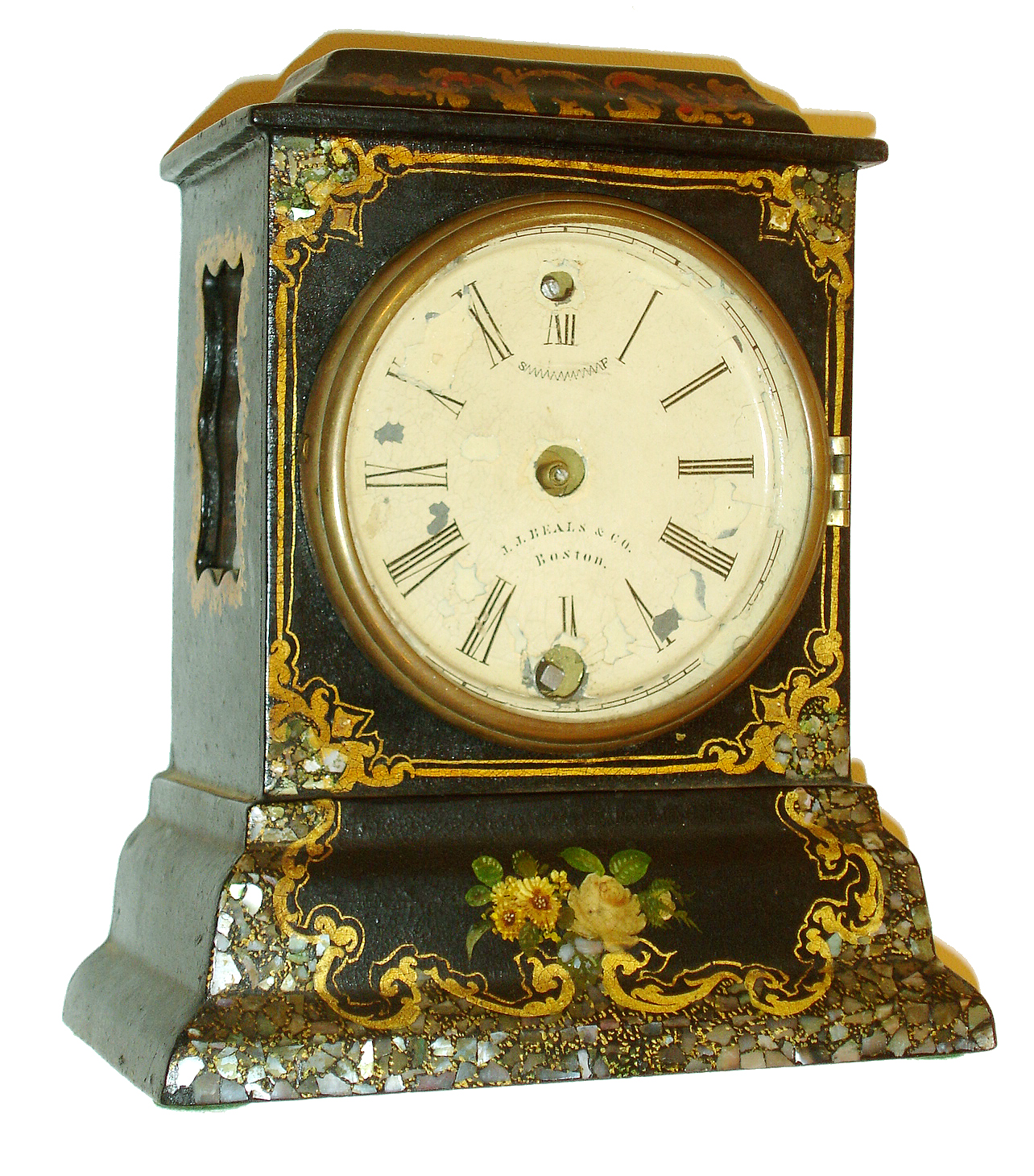 Litchfield Mfg. Co. for J. J. Beals & Co., Boston 8 days,  lever movement paper mache with MOP cased shelf clock, c1851. — Antique Clocks Price Guide