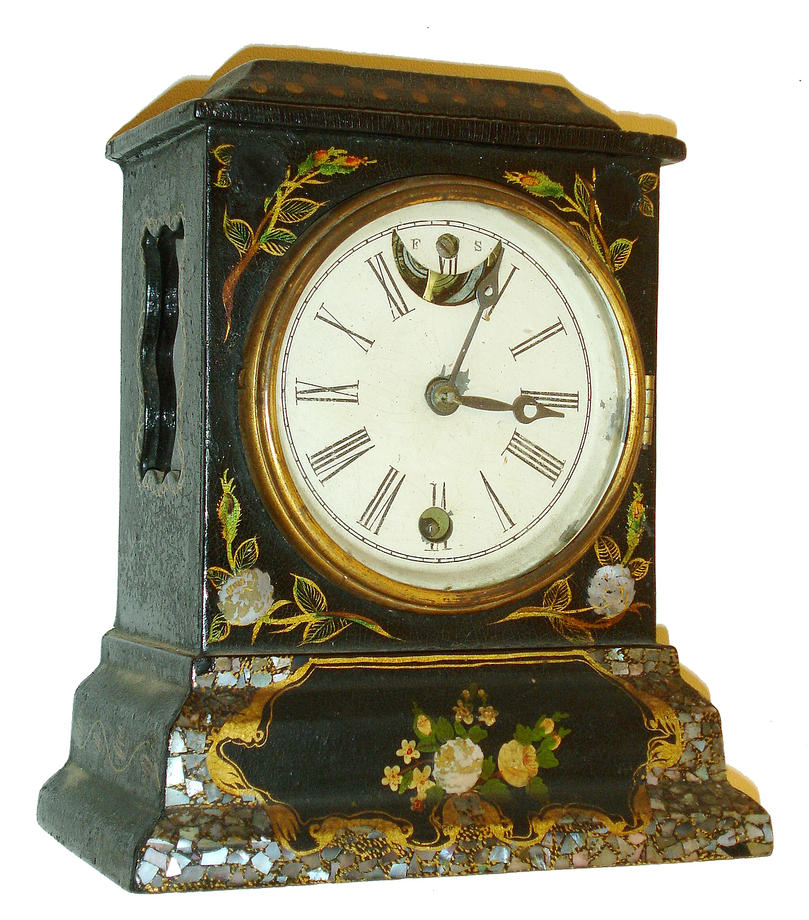 Litchfield Mfg. Co., Litchfield, Conn.8 days, lever movement paper mache case with MOP timepiece. Movement made by Terry, Downs & Co., Bristol, Conn., c1852. — Antique Clocks Price Guide