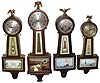 Clocks- 7 (Seven) American banjo 8 day: one unsigned weight driven; one 1978 Seth Thomas in original box; others by Gilbert, New Haven and Sessions