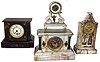 Clocks- 4 (Four) 8 days, marble case clocks: Boston Clock Co., black time and strike, tandem-wind; French Farcot swinging doll time-only with chaff-cutter escapement; Ansonia cream marble time and strike; French veined marble architectural time and strike; later 19th century
