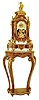 Italian, reproduction of a French, Louis XV style "tall clock", an extra large bracket clock with equestrian feet and a sub-base, the whole upon a floor stand with flared, inlaid legs, the main case with matching fine marquetry, inlaid with small musical themes, ribbons and flowers, with an 8 days, German movement, signed FHS, c1984