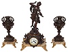 French 3 piece mantel garniture, patinated spelter clock case with naturalistic ornament, mounted with a patinated figure of a young woman entitled "Hesitation", after a sculpture by Aug. Moreau, vases with ornament and finish matching clock case, all on polished onyx bases with gilt scroll feet, bezel with thick beveled glass, Arabic numeral white enamel dial, blued steel hands, 8 days, time and strike, Pendule a Paris movement, c1900