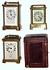 Clocks- 3 (Three) brass and beveled glass carriage clocks: French 8 days, time and alarm in original leather travel case; Waterbury "Conductor" 30 hours, time only; Waterbury "Sage" time, alarm and repeating strike; early 20th century