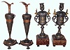 Clock Side Pieces: 2 pairs of mantelpiece cast metal and marble accessories: two candlesticks and two urns, early 20th century