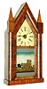 Chauncey Jerome, New Haven, Conn., oversize steeple or "Sharp Gothic" mantel clock, 8 days, time and strike, spring driven fusee movement in a mahogany veneer case with painted metal dial and silk screened tablet, c1847