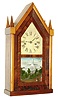 Sperry & Shaw, New York, four spired steeple or "Sharp Gothic" mantel clock, 30 hours, time and strike, spring driven fusee movement in a mahogany veneer case with painted metal dial and silk screened tablet, c1848