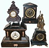 Clocks- 9 (Nine) mantel clocks: German Becker tambour 8 days, dual chime on quarter hours; French black marble 8 days, time and strike, with black dial; French black marble with Egyptian top figural 8 days, time and strike; Seth Thomas time and strike, tambour; Sessions time and strike, tambour; American time only 30 hours, white porcelain novelty; Connecticut cast metal figural 30 hours, time only balance movement; German round top bracket 8 days, Westminster chime; and French black marble 8 days, Marti time and strike, with visible escapement; late 19th and early 20th centuries