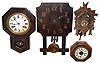 Clocks- 6 (Six) wood case wall clocks: Ethan Allen 8 days, modern chiming; Japanese time and strike, school; Ansonia 30 hours, time and alarm marine; Ingraham 8 days, time and strike, banjo; National Clock Co., Chicago, 8 days, time and strike, oak Mission; and 3 weight 30 hours, German cuckoo;