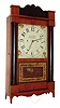 John Sharf, Ceilins Grove, Snyder County, Penna., early mantel clock, 30 hours, time and strike, weight driven brass movement in a mahogany veneer case with shaped splat and cut out pillar and scroll style feet, painted iron dial and reverse painted lower tablet, c1830