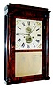 S.B. Terry, Plymouth, Conn., balance wheel mantel clock, short drop, 30 hours, time and strike, weight driven movement with exposed oversize balance wheel (above 6) and exposed escape wheel (below 12) in a mahogany veneer Empire case with painted wooden dial and period mirror tablet, c1845