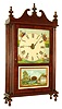 Allentown, Lehigh County, Penn., pillar and scroll mantel clock, 30 hours, time and strike, weight driven wooden plate movement with brass wheels in a mahogany veneer case with painted metal dial and reverse painted tablet, c1830