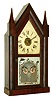 Chauncey Boardman, Bristol, Conn., steeple or "Sharp Gothic" mantel clock, 30 hours, time, strike and alarm, triple fusee, spring driven movement in a mahogany veneer case with painted metal dial and Fenn stenciled tablet, c1850