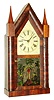 M.W. Atkins, Bristol, Conn., steeple or "Sharp Gothic" mantel clock, 30 hours, time and strike, spring driven fusee movement in a rosewood veneer case with painted metal dial and silk screened tablet, c1848