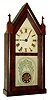 Brewster & Ingrahams, Bristol, Conn., for Daniel Pratt Jr., Boston, steeple or "Sharp Gothic" mantel clock, 30 hours plus, time and strike, brass spring driven movement in a mahogany veneer case with painted metal dial, Fenn stenciled tablet and Daniel Pratt Jr. overpaste on label, c1848