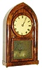 E.C. Brewster, Bristol, Ct., round gothic with detached fusees, mahogany veneered case with brass ball feet, frosted and cut tablet, Roman numeral white painted metal dial, blued steel hollow spade hands, 8 days, movement with rack striking, the front plate stamped "No. 2929", with fusees and spring barrels mounted at case bottom, backboard lined with blue green paper, coil gong with stepped square cast iron base, c1838