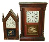 Clocks- 2 (Two): (1) Ansonia Brass Co. 30 hours, miniature sharp gothic or steeple timepiece, c. 1860 and (2) Ansonia Clock Co. 8 days, time and strike, small column & cornice shelf clock, c. 1870.