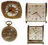 Clocks- 4 (Four) Imhof Swiss brass desk clocks: two with calendars, two with alarms, 8 days, jeweled movements; one is a round paperweight clock with cast clear acrylic half spheres, 20th century