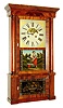Philip L. Smith, Marcellus, Onondaga County, N.Y., Empire mantel clock, 8 days, time and strike, weight driven Swiss cheese movement in a mahogany veneer case with painted wooden dial and reverse painted tablets, c1830