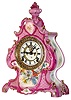 Ansonia Clock Co., New York, N.Y., "La Clair" Royal Bonn porcelain clock, 8 days, time and strike, spring driven movement with open escapement in a pink and multicolor floral case, two part enamel dial, c1910