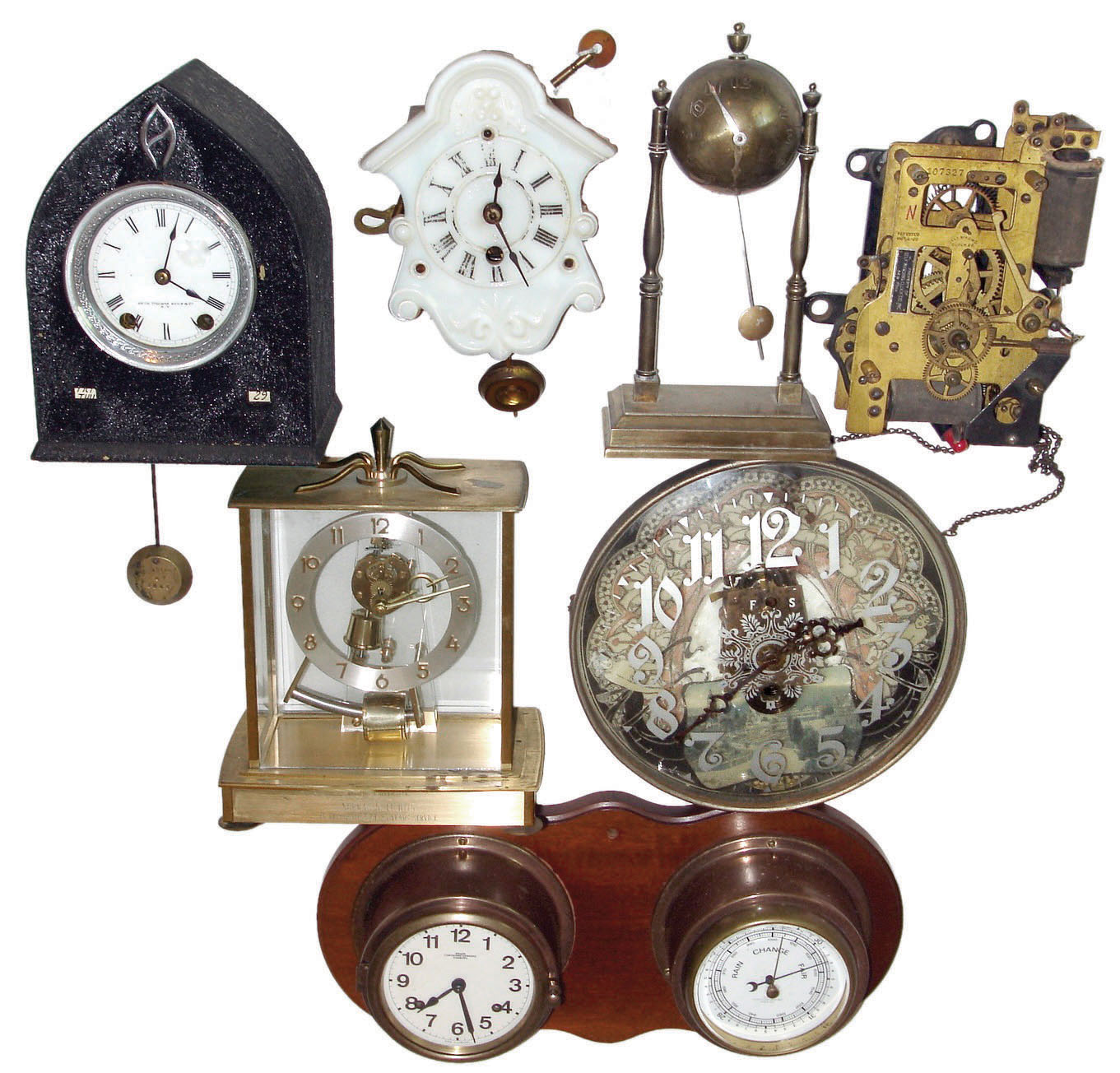 Clocks, movement, barometer - 7 (Seven) items: Seth Thomas Sons & Co., New York metal case 8 day mantel clock with calendar; Ansonia milk glass front wall clock with "Davies Pat." and detailed rear label; Self-Winding Co., New York movement; Wempe, German 8 day ship's-bells clock and barometer set mounted on wood plaque; Kundo, German electromechanical clock in brass & glass case; Lux Mfg. Co., Waterbury, CT brass ball head novelty clock; German glass front and back time-only wall clock — Antique Clocks Price Guide