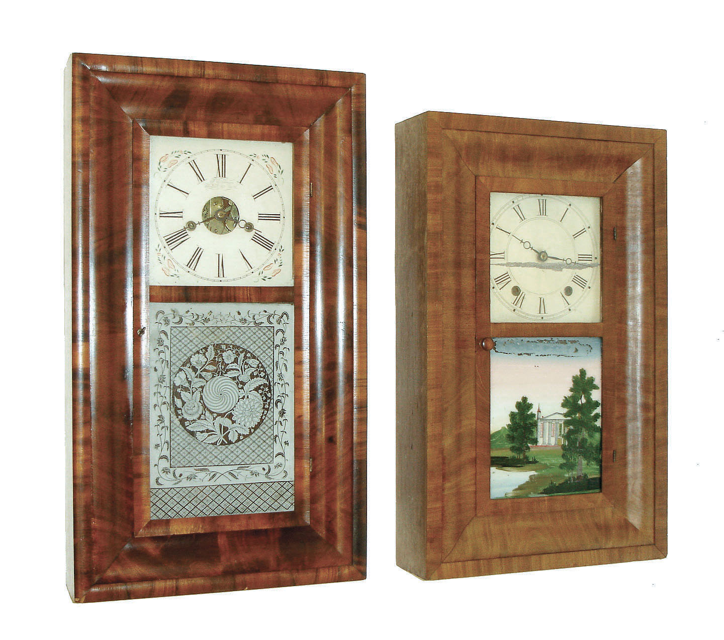 Clocks- 4 (Four) American OG/OOG shelf clocks: (1) New Haven Clock Co., New Haven, Conn., 30 hours, time and strike, OG clock. (2) New Haven Clock Co., New Haven, Conn., 30 hours, time and strike, OG clock. (3) Elisha Hotchkiss, Burlington, Conn., 30 hour wood movement, time and strike, wood movement OG clock. (4) J. C. Brown, Forestville, Conn., 8 days, time and strike, OOG clock. — Antique Clocks Price Guide