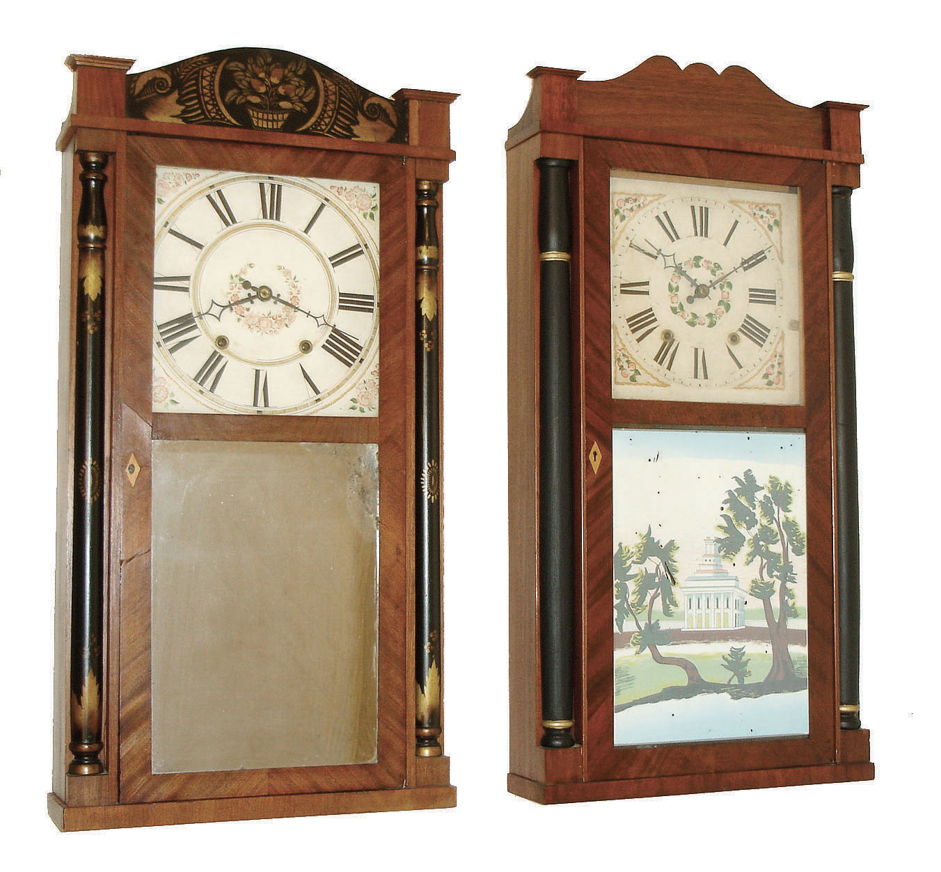 Clocks- 3 (Three) Connecticut stenciled column & splat wood movement shelf clocks: (1) Salem Holman, Hartford, Conn., 30 hours, time and strike,; (2) Chauncey Boardman, Bristol, Conn., 30 hours, time and strike,, wood movement shelf clock; (3) Seth Thomas, Plymouth, Conn., 30 hours, time and strike,, all c1830s. — Antique Clocks Price Guide