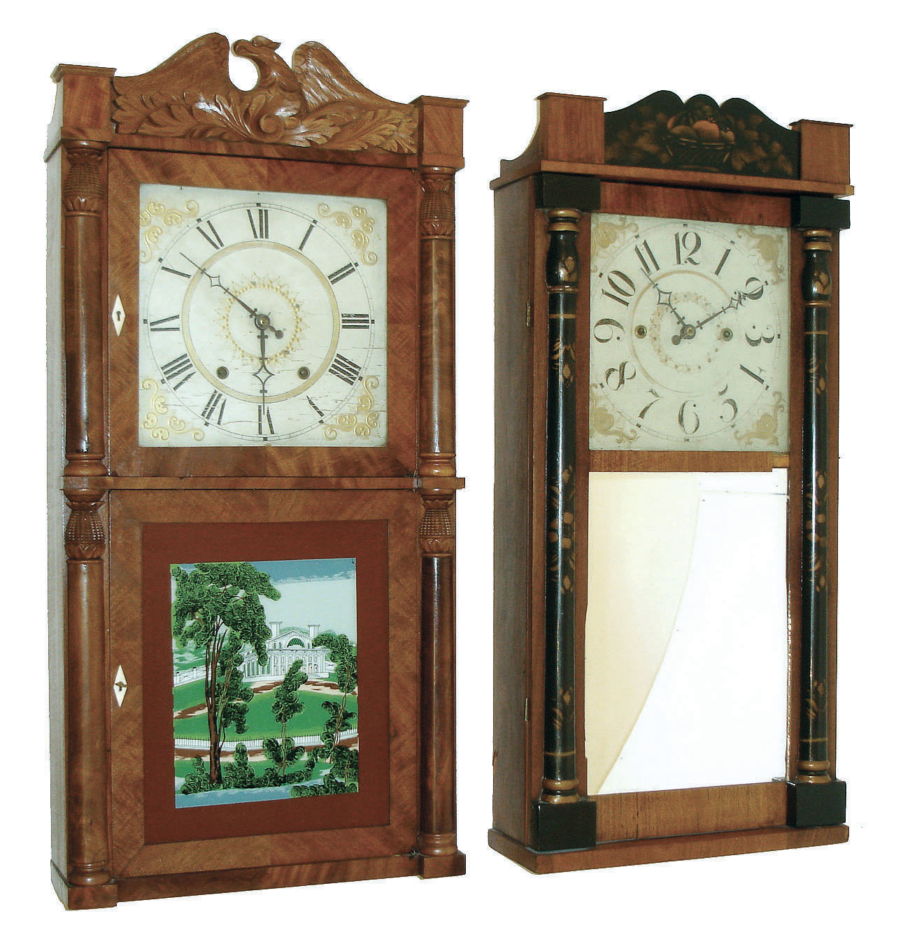 Clocks- 2 (Two) Connecticut wood movement shelf clocks: (1) Charles Kirk, Bristol, Conn., for E. C. Brewster 30 hour "groaner" style, time and strike, movement in stenciled half column & splat case, c1830; (2) (probably C. & N. Jerome, Bristol, Conn.), 30 hours, time and strike, movement with carved eagle crest double decker case, both c1833. — Antique Clocks Price Guide