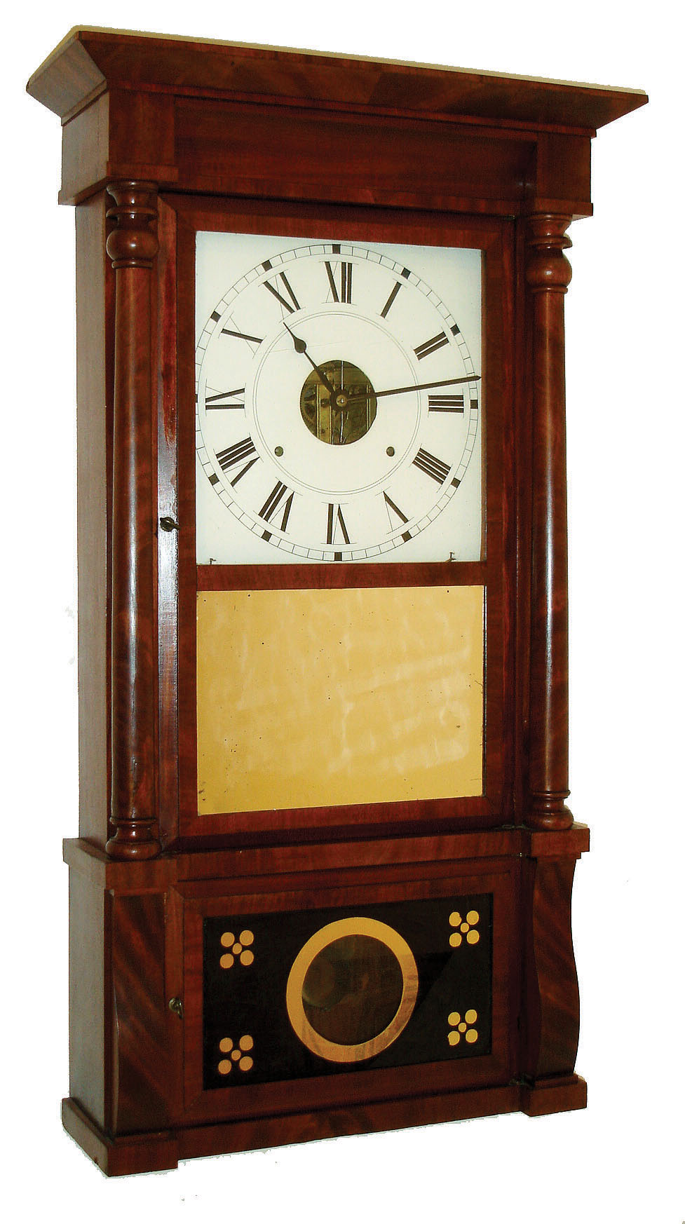 Clocks- 3 (Three): (1) Bench-made pillar & scroll with antique 30 hours, time and strike, wood movement; (2) Williams, Orten & Prestons & Co., Farmington, Conn., 30 hours, time and strike, wood movement with carved columns and plain splat case, c1837; (3) Birge & Fuller 8 days, strap brass time and strike, weight driven movement in column & cornice case, c1840. — Antique Clocks Price Guide