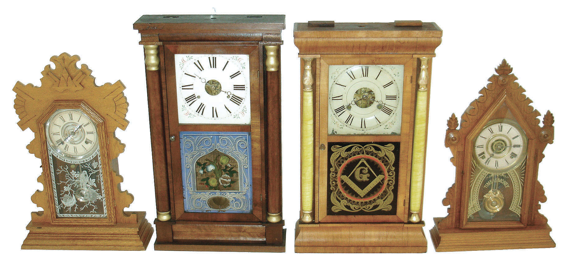 Clocks- 4 (Four): (1) E. Ingraham & Co., Bristol, Conn., "Cadet", 8 days, time, strike & alarm movement in oak case, c1890; (2) Ansonia Clock Co., New York, "Buffalo", 8 days, time and strike, movement in oak case, c1910; (3) Seth Thomas, Plymouth Hollow, Conn., 30 hours, time and strike, in rose column case, c1855; (4) Seth Thomas, Plymouth Hollow, Conn., 30 hours, time and strike, in shell column case, c1865. — Antique Clocks Price Guide