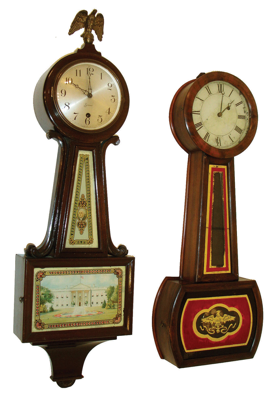 Clocks- 2 (Two): (1) Possibly by George D. Hatch, North Attleboro, MA, 8 days, weight driven brass movement regulator style timepiece, c1860; (2) Sessions Clock Co., Forestville, Conn., "Alden", 8 day time only, spring driven brass movement banjo timepiece, c1925. — Antique Clocks Price Guide
