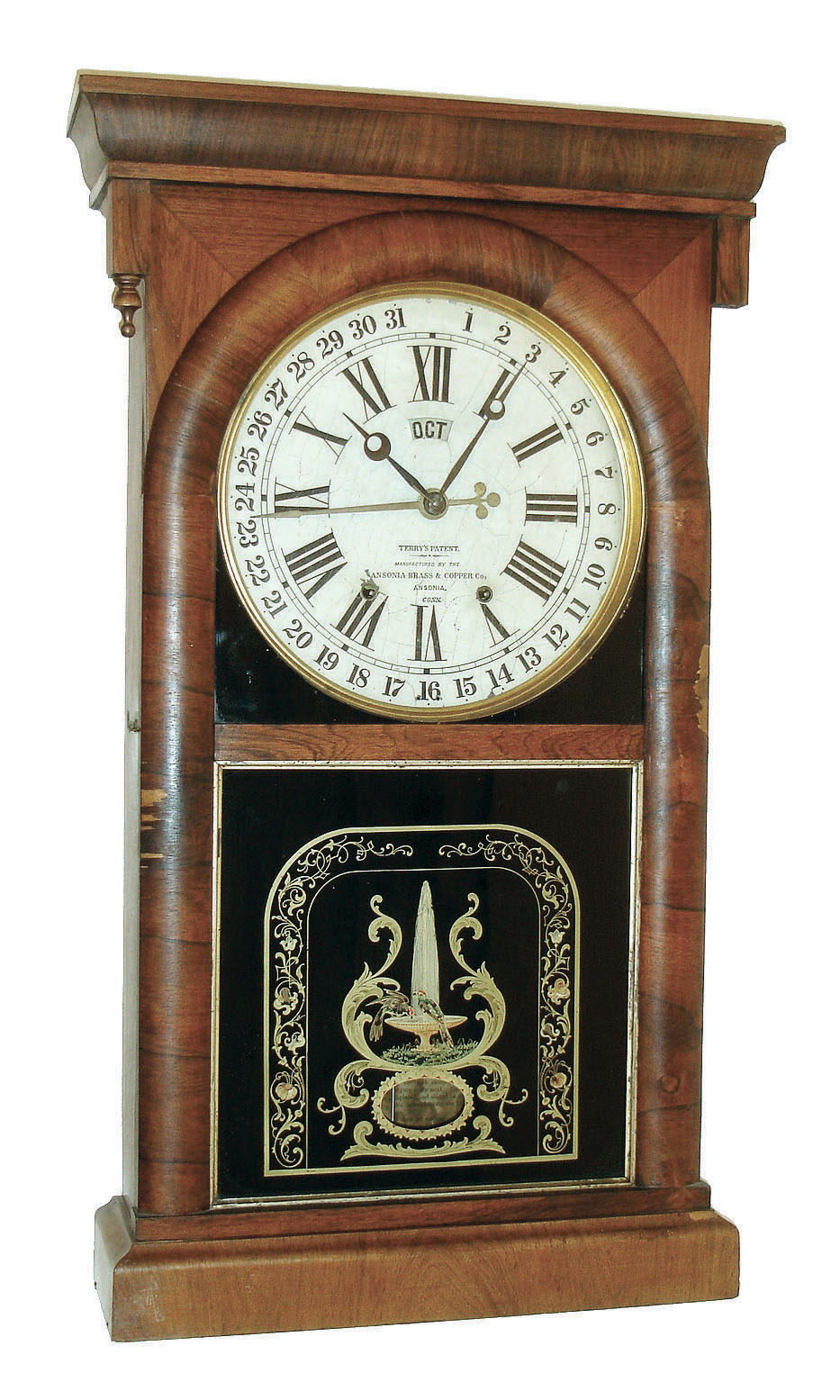 Ansonia Brass & Copper Co., Ansonia, Conn., 8 days, time and strike, shelf clock with William A. Terry's patent calendar rosewood veneer shelf clock, c1874. — Antique Clocks Price Guide