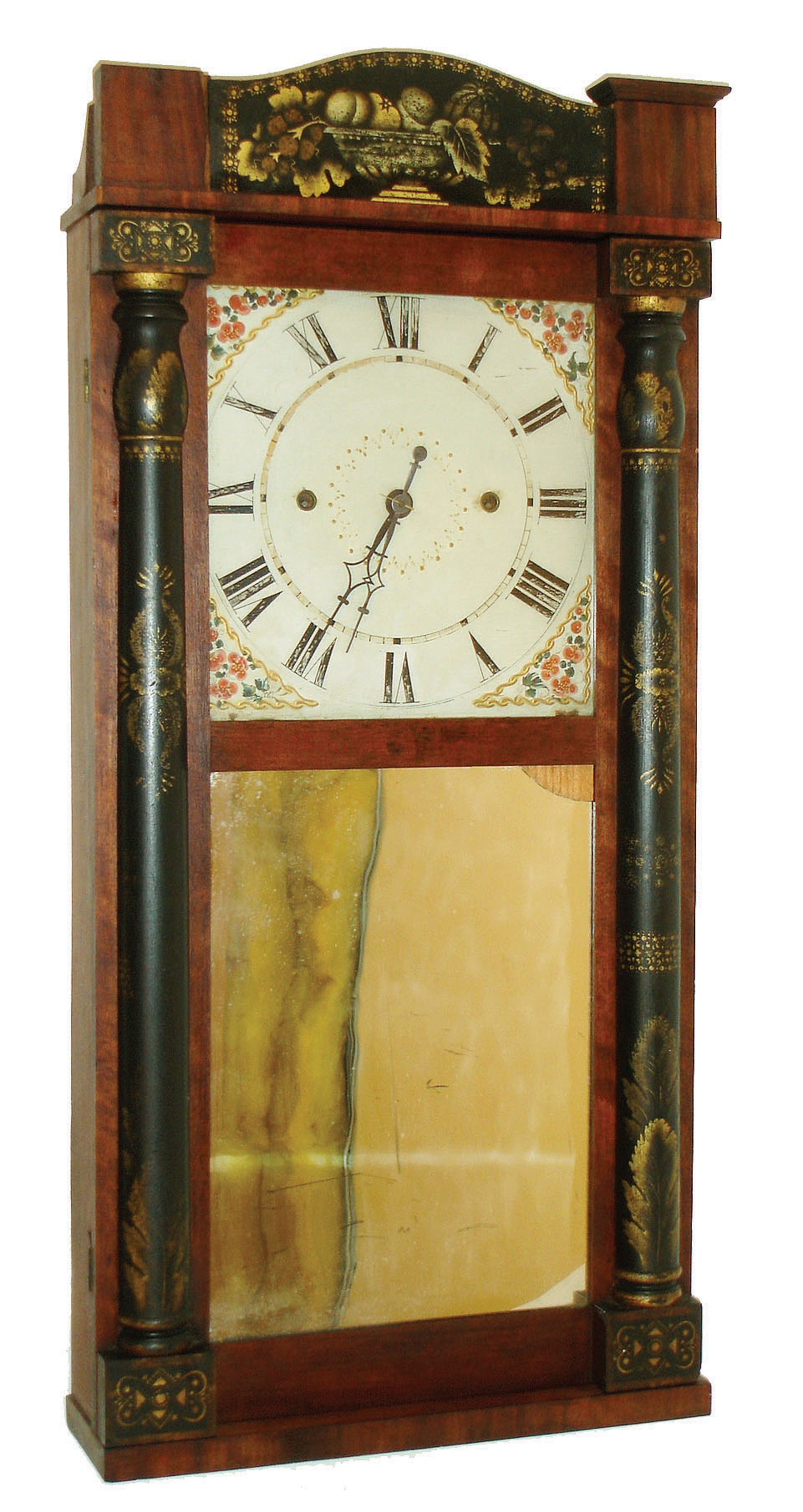 Jeromes & Darrow, Bristol, Conn., 30-hour, time and strike, "Thin" wood movement in stenciled half column & splat shelf case, c1828. — Antique Clocks Price Guide
