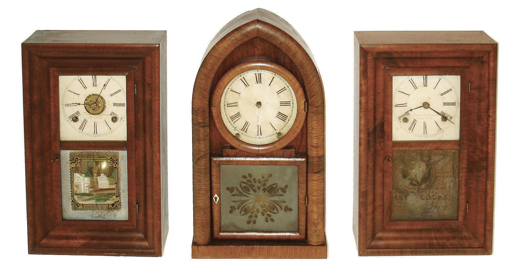 Clocks- 3 (Three) Brewster & Ingrahams, Bristol, Clocks. (1) 30 hours, time, strike and alarm mini-OOG shelf clock. (2) 30 hours, time and strike, mini OOG shelf clock. (3) 8 days, time and strike,, round gothic or beehive shelf clock, all c1850. — Antique Clocks Price Guide