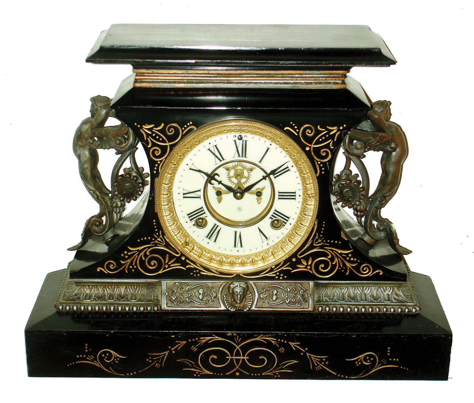 Ansonia Clock Co., New York, "Rosalind" black enameled iron 8 days, time and strike, mantel clock with visible escapement, c1904 — Antique Clocks Price Guide