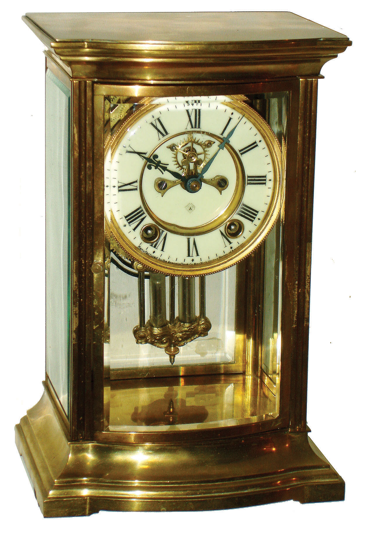 Ansonia Clock Co., New York, "Roy" 8 days, time and strike, crystal regulator mantel clock with visible escapement, c1914 — Antique Clocks Price Guide