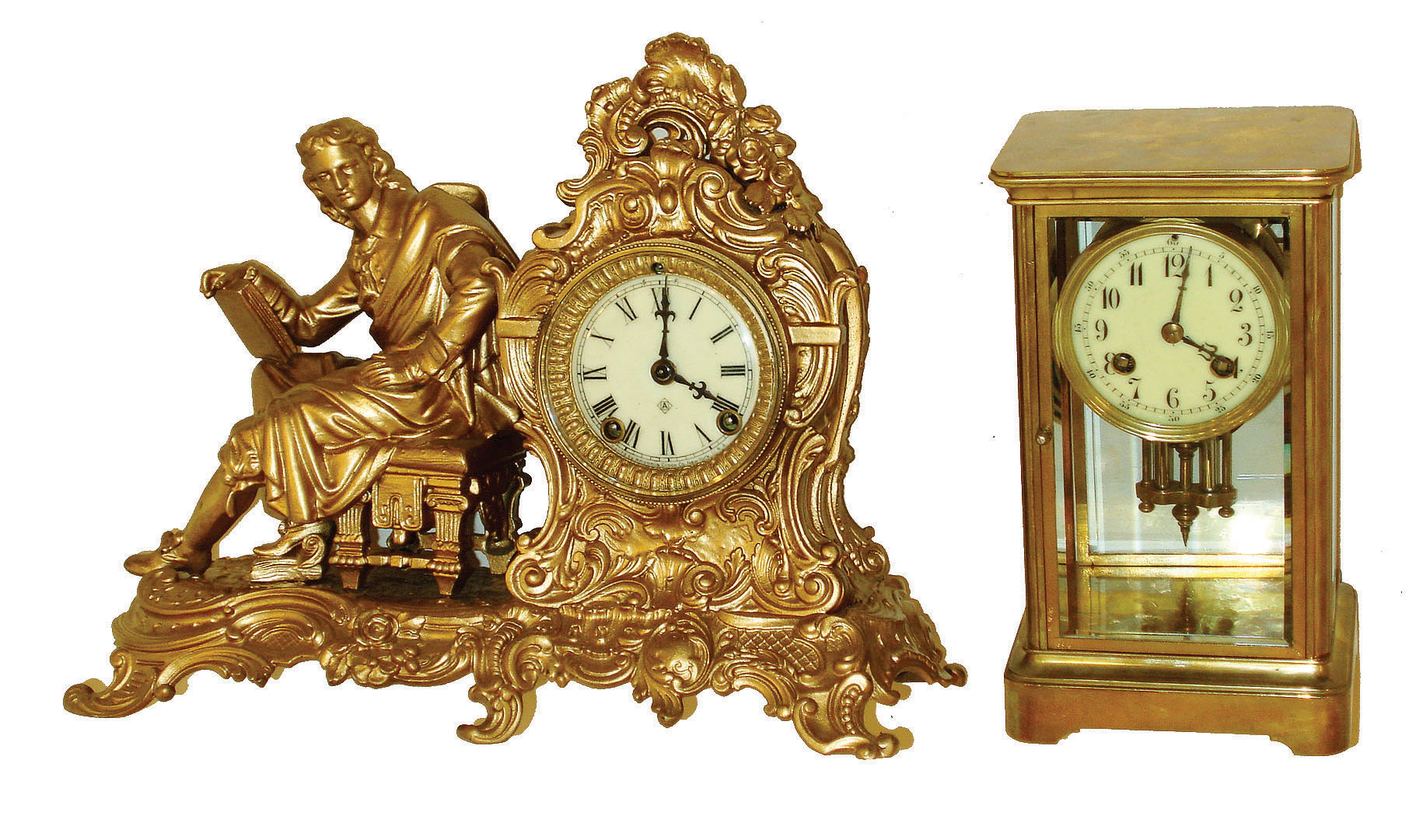 Clocks- 2 (Two) 8 days, time and strike, mantel clocks: Ansonia "Racine" cast metal figural; French brass and beveled glass crystal regulator with Marti movement; c1900 — Antique Clocks Price Guide