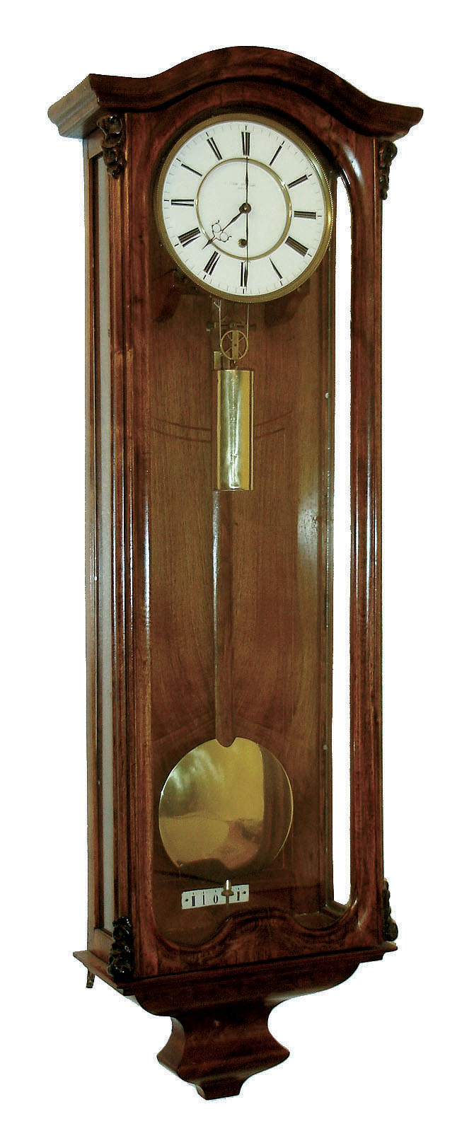 C. Suchy & Soehne, in Prague, Vienna regulator, walnut and walnut veneered case with with light wood trim around side glasses, and with string inlay in backboard, signed Roman numeral white enamel dial, pierced blued steel hands, signed brass 30 day timepiece movement, polished brass pendulum and weight, c1855 — Antique Clocks Price Guide