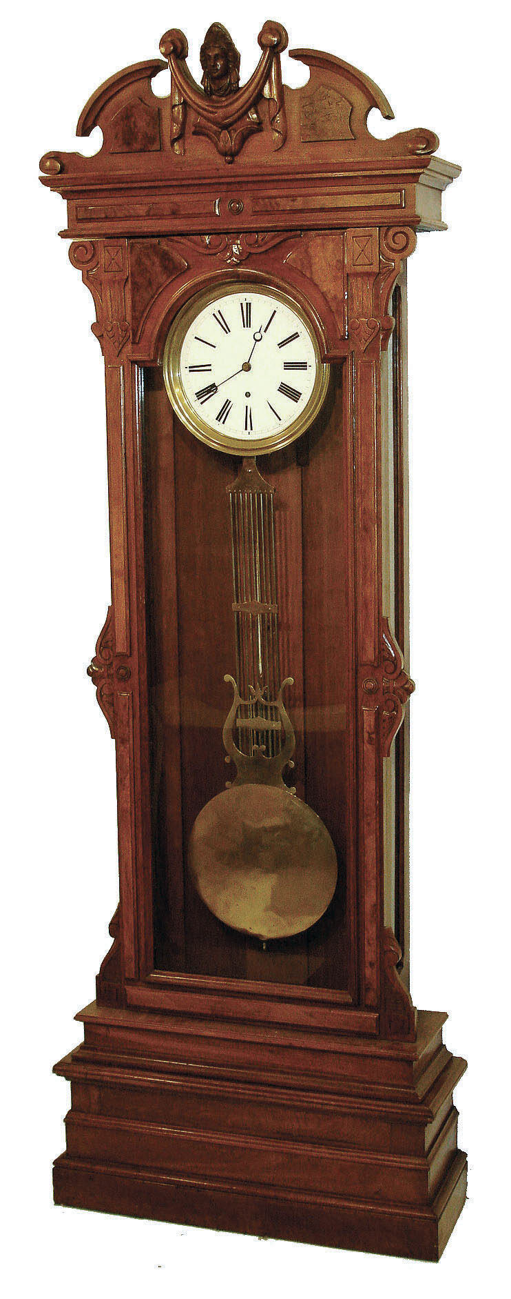 New Haven Clock Co., New Haven, Conn., "Regulator No. 4" standing jeweler's regulator, 8 days, time only, weight driven Swiss-made movement with pinwheel escapement in a walnut case with burled highlights and white enamel dial, c1887 — Antique Clocks Price Guide