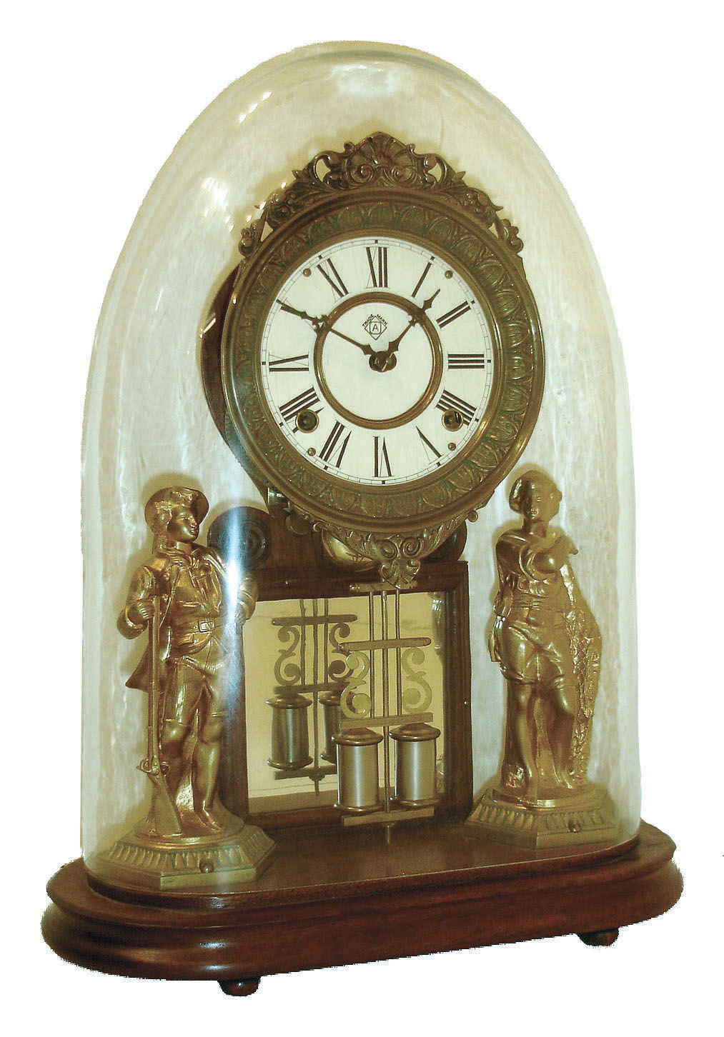 Ansonia Clock Co., New York, "Crystal Palace No. 1 Extra" shelf clock with spring driven 8 days, time and strike, (hour & half hour on bell) movement on a walnut base and under a period dome, c1880. — Antique Clocks Price Guide