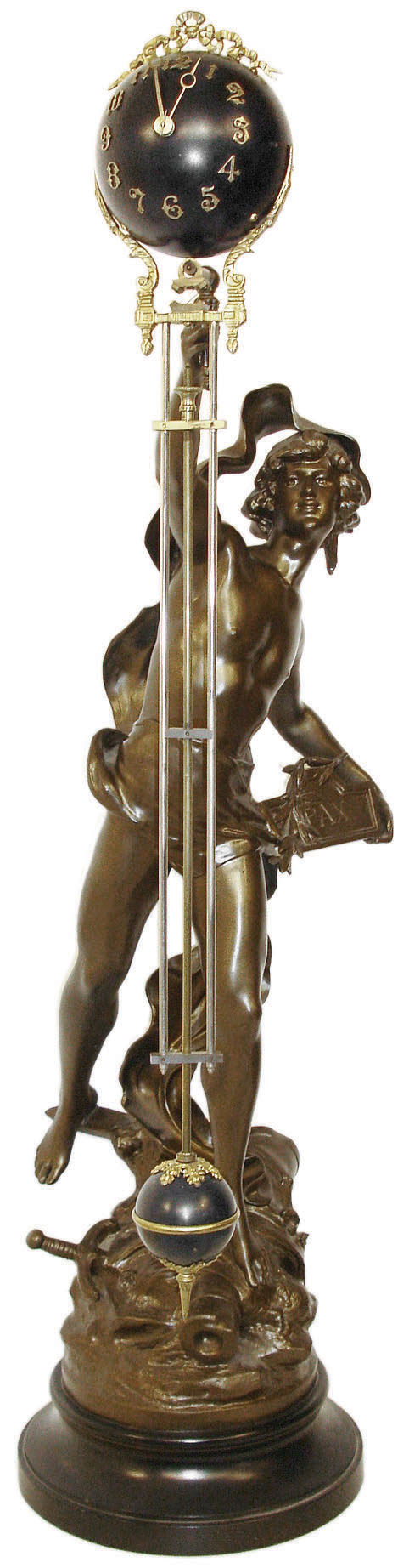 France, large figural swinging clock, the male figure representing peace, standing atop a partially buried sword and cannon, holding a plaque marked "Pax", and with laurel frond, and the clock held aloft in his right hand Ansonia Clock Co., Ansonia, New York, now with a late 20th century reproduction clock, the 8 day time only, movement mounted inside a brass sphere with cast ribbon ornament and applied Arabic numerals, Breguet style hands, the lower section in gridiron style with smaller sphere at the bottom, c1900 — Antique Clocks Price Guide